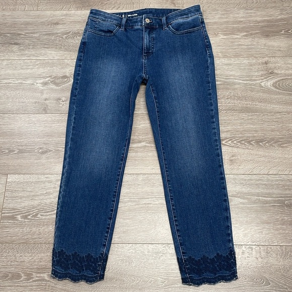 Talbots Flawless Scalloped Hem Embroidered Slim Ankle Denim Taylor Wash Jeans 8 - Picture 8 of 16